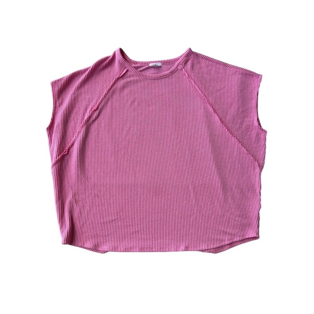 Andree by Unit Pink Waffle Knit Raw Edge Boxy Cap Sleeve Top 2X